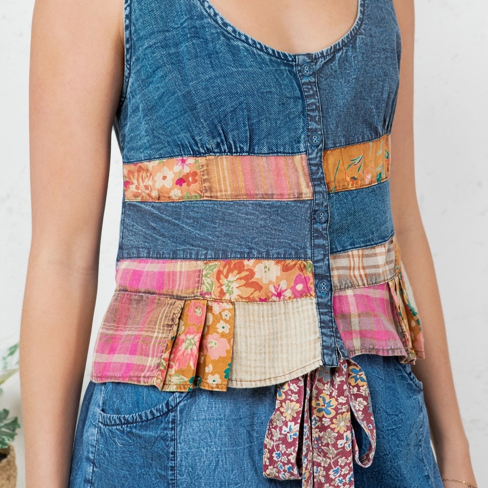 Young Threads Smocked Summer Tank with Denim Accents and Flair - Picture 5 of 8